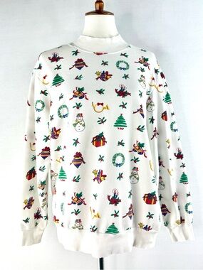 Aileen Vintage White Holiday Print Mock Neck Christmas Sweatshirt
